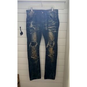 Decibel Mens Distressed Crinkle Ripped Jeans Blue Wash Denim Size 34x34‎